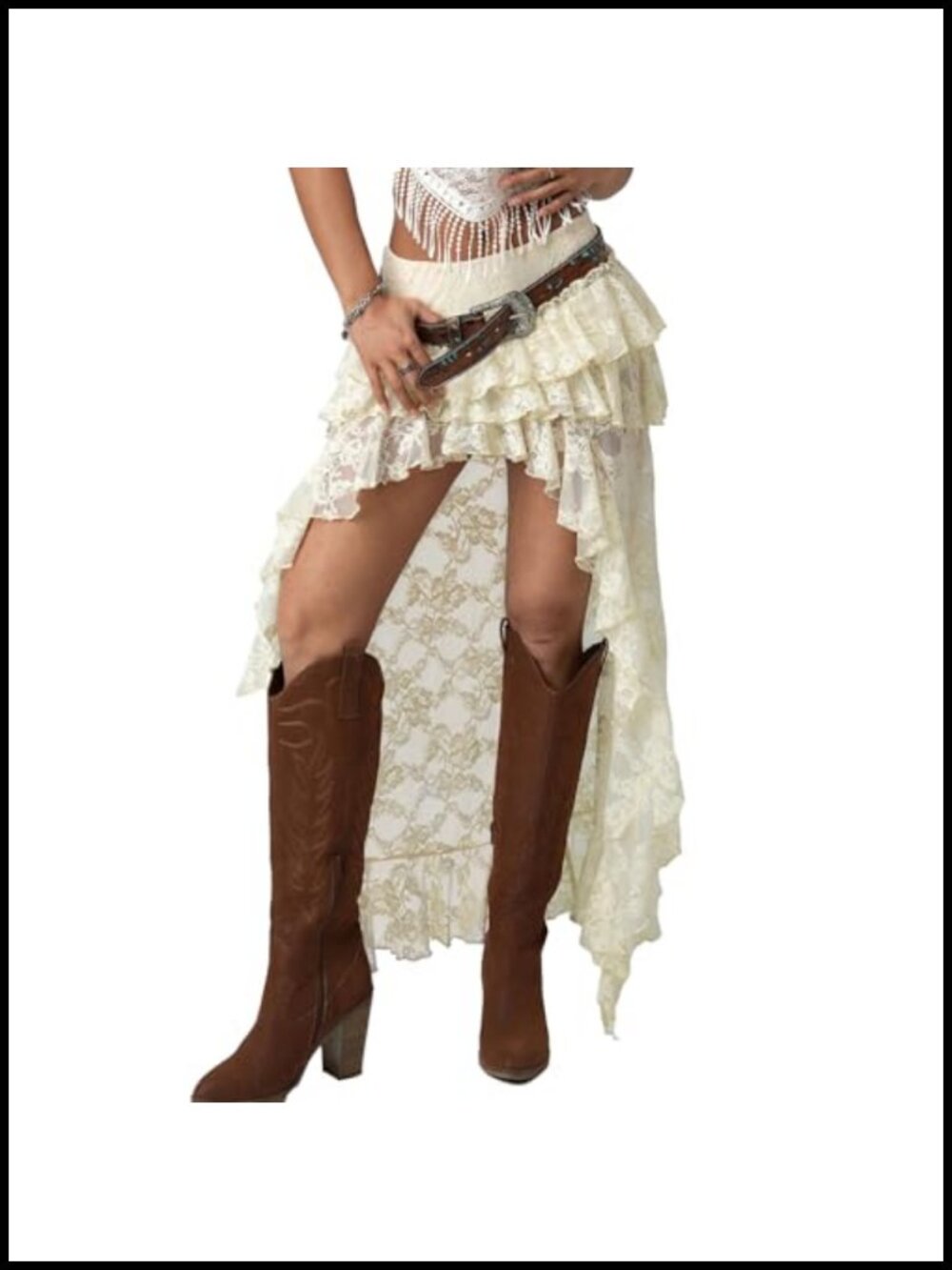Women's Lace Layered Maxi Skirt High Low Asymmetrical Ruffle Hem Flowy Boho - Picture 5 of 5